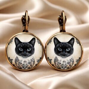 Vintage Style Leverback Earrings Featuring A Black Whimsical Cat Design NWOT
